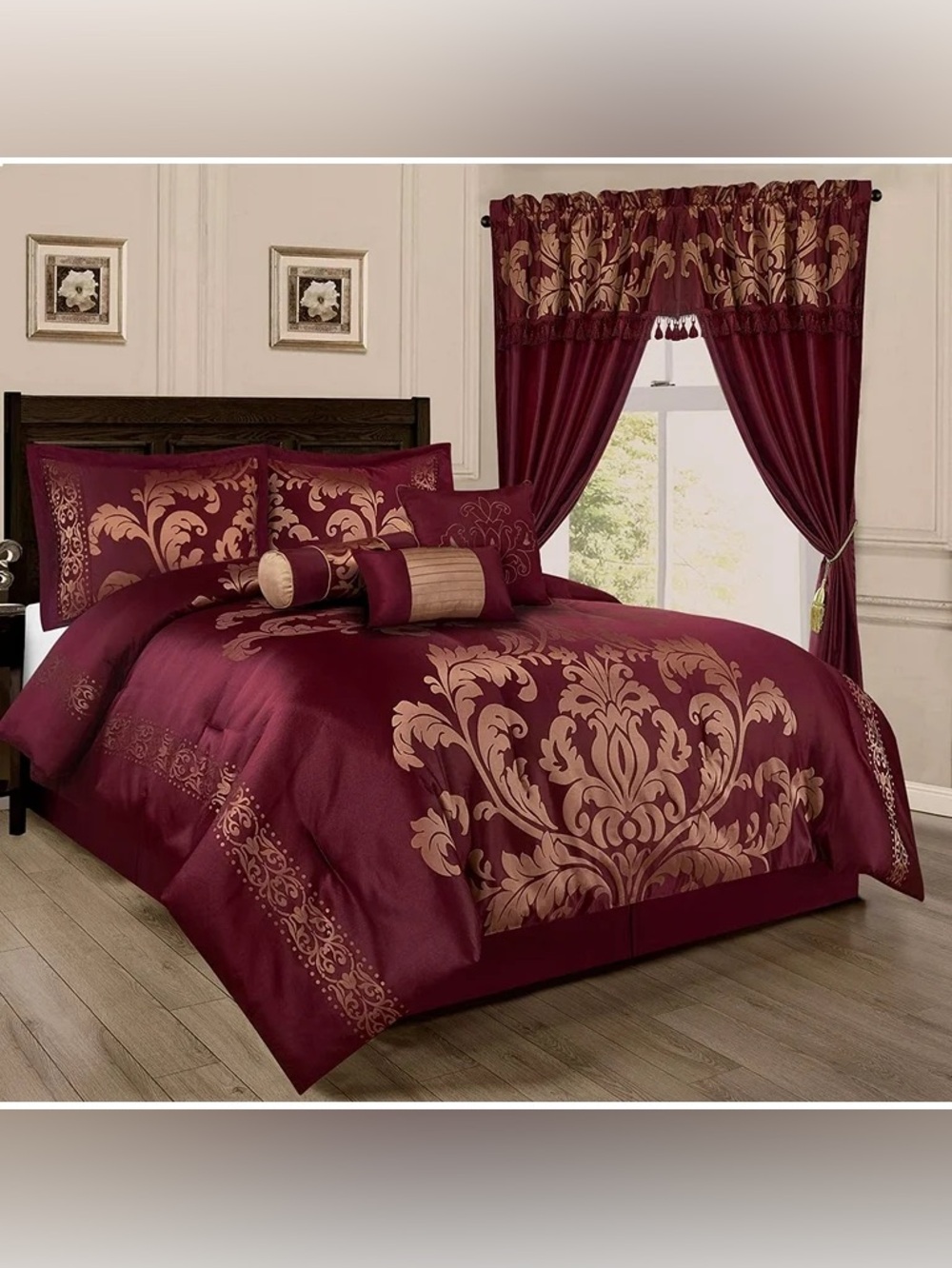 Elegant Maroon and Gold Damask 3 piece queen 3 piece Comforter Set